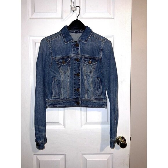 AMERICAN EAGLE Womens Medium Wash Stretch Denim Cropped Jean Jacket - Picture 2 of 9